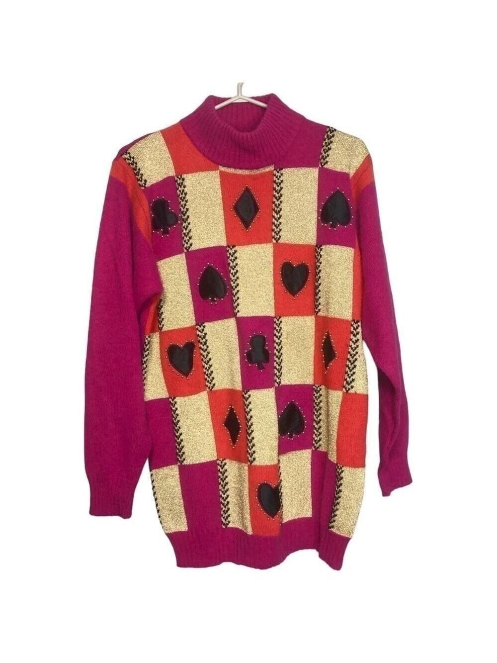 Vintage Wool Angora Patchwork Card Suits Beaded Mock Neck Sweater, size 40 (M/L)